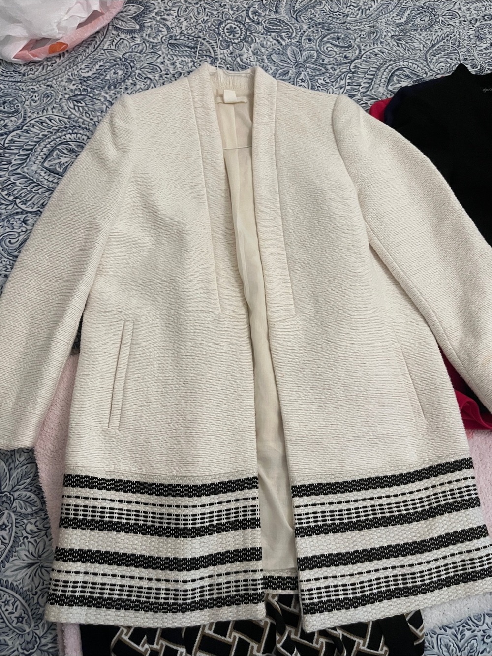 H&M Cream Textured Open-Front Cardigan Coat with Black Striped Hem